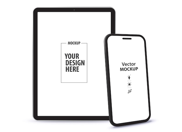 Vector tablet computer and mobile phone vector mockup with perspective view blank screen digital devices