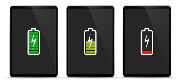 Vector tablet computer screen with full mid and low battery charge indicator icons