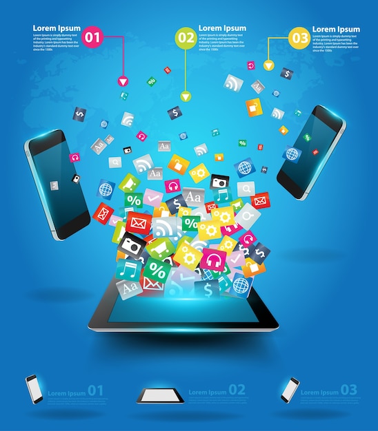 tablet computer with mobile phones cloud application icon