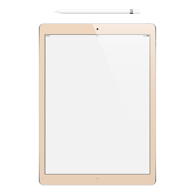 Tablet gold color with black touch screen and pencil isolated