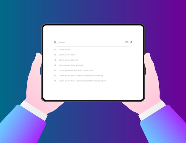 Tablet in hand Flat color tablet screen search query on a tablet Vector illustration