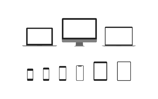 Планшет, ноутбук, телефон, настольный макет. Изолированное устройство смартфона и вектора значка компьютера плоский