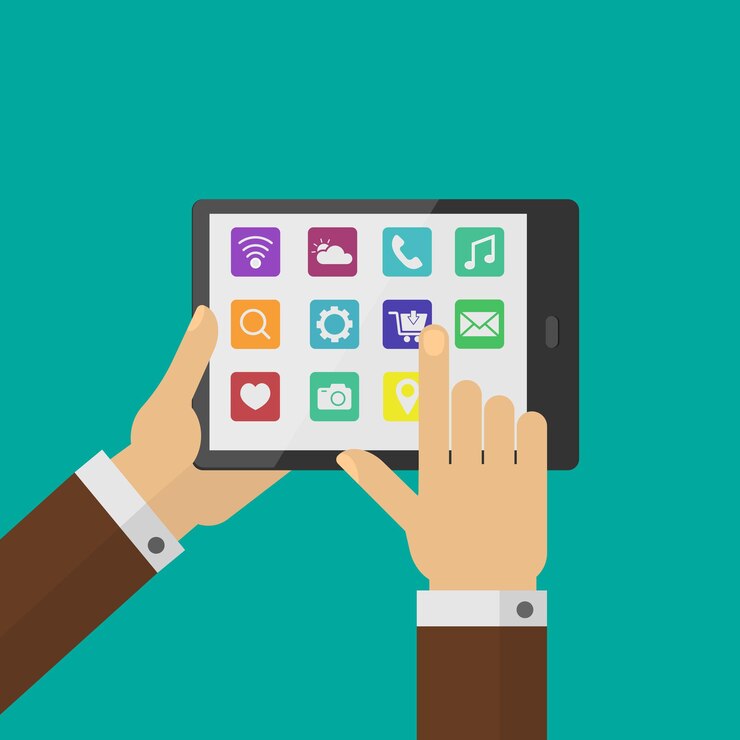 Vector tablet pc with social media icons and hand cursor flat design