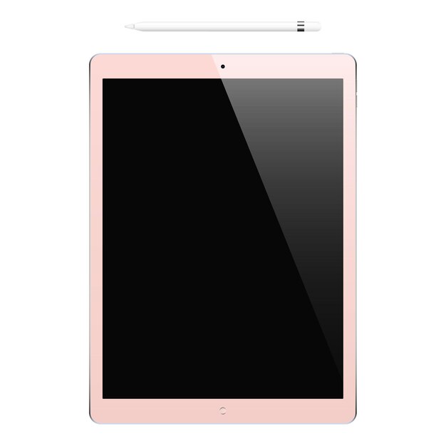 Tablet pink color with black touch screen and pencil isolated on white background. mockup of realistic and detailed device