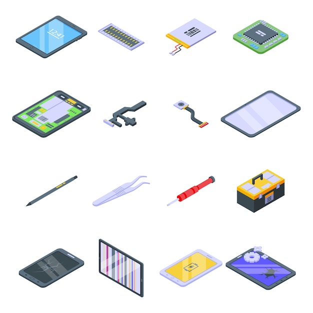 Tablet repair icons set. isometric set of tablet repair  icons for web  isolated on white background