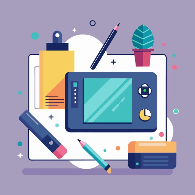 Vector tablet with pen pencil and various items a creative workspace with an oversized drawing tablet and digital pen simple and minimalist flat vector illustration