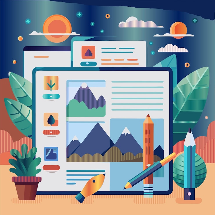Vector a tablet with a picture of a mountain and a rocket