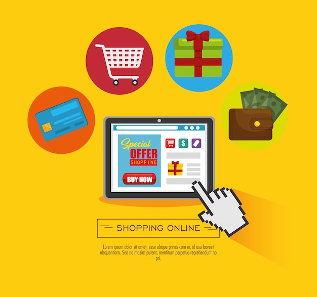 Tablet con sito web dello shopping e relative icone