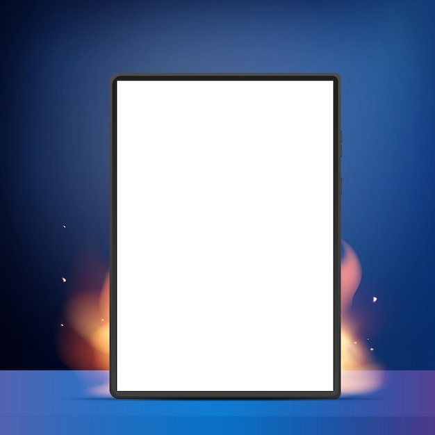 Tablet con schermo bianco su fuoco e fumo vendita calda stock o concetto promozionale banner o poster pubblicitario pronto vettore di stile realistico