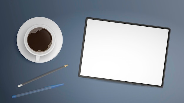 A tablet with a white screen lies on the table. Table, coffee cup, top view. Workplace. Ready-made template for advertising design. Realistic vector.