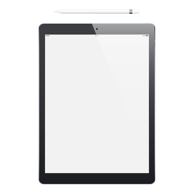 Tablet zwarte matte kleur zwart touchscreen en stylus geïsoleerd op een witte achtergrond. van realistisch en gedetailleerd apparaat