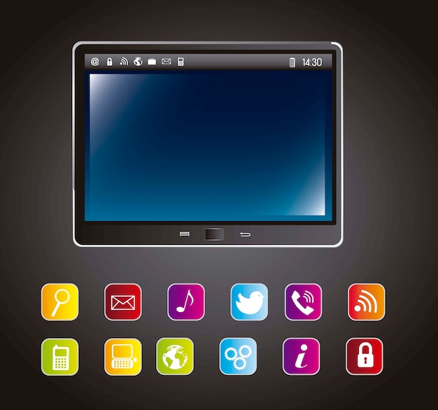 tabletcomputer met kleurrijke pictogrammen over grijze achtergrondvector