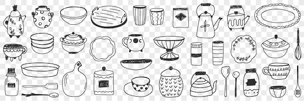 Tableware on kitchen doodle set illustration