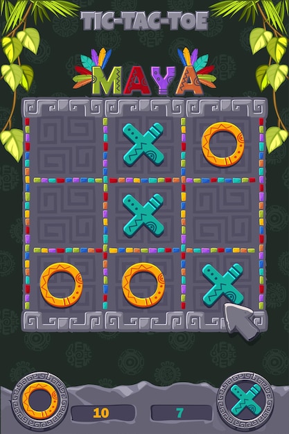 TAC TIC TOE UI in Maya of Aztec thema Gray Board logisch spel voor uw spel ontwikkeling UI Vector strategie spel nullen en kruisen