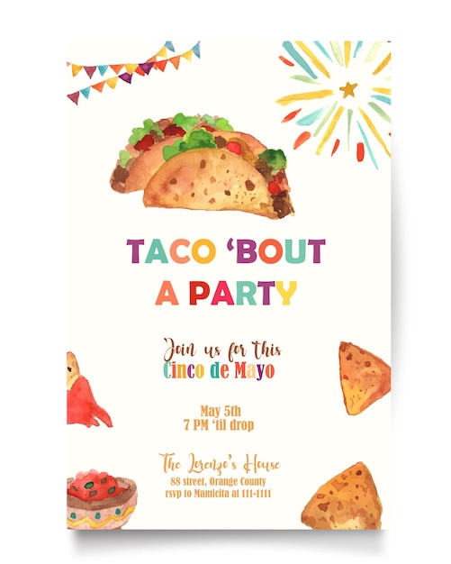 Taco bout a party Cinco de Mayo Fiesta party invitation watercolor banner