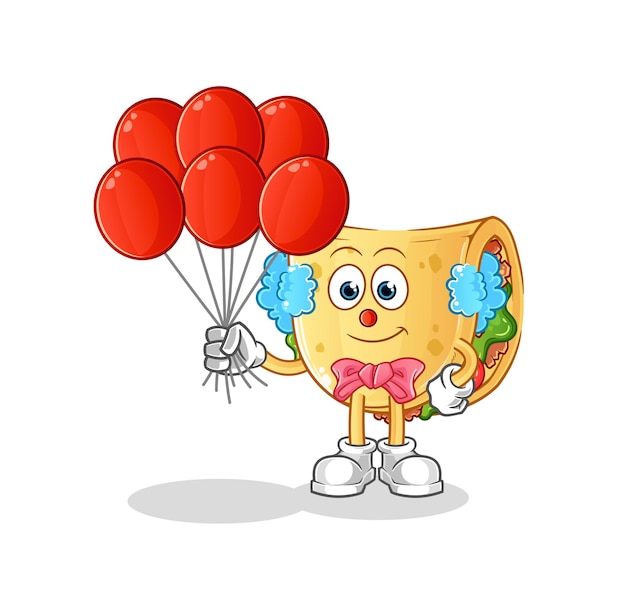 Taco clown met ballonnen vector. stripfiguur