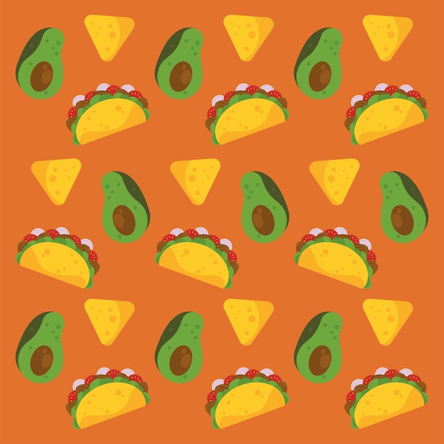 Taco dag viering mexicaanse poster met avocado's en nacho's patroon.