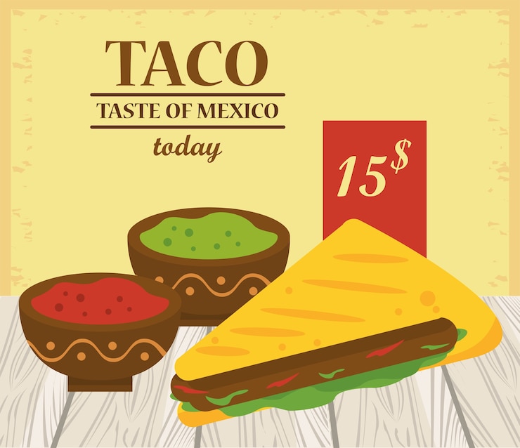 Vector taco day celebration mexican poster with tomato and guacamole sauces.