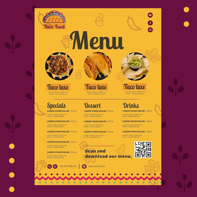 Vector taco food restaurant menu template