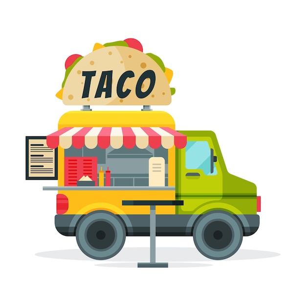 Vector taco food truck street meal van tasty fast food delivery mobile shop vector illustration