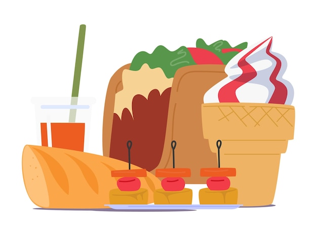 타코 아이스크림 빵 소다 음료와 카나페 패스트 푸드는 칼로리가 높은 체인 레스토랑 식사에서 제공됩니다.