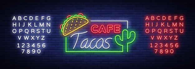 Taco logo vector Neon sign on Mexican food Tacos street food fast food snack Bright neon billboards