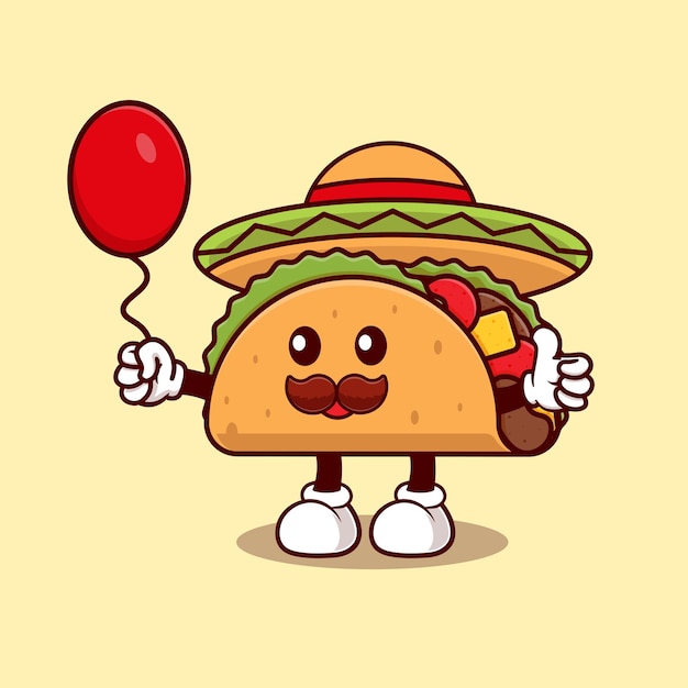 Mascotte taco che indossa un cappello e tiene in mano un palloncino