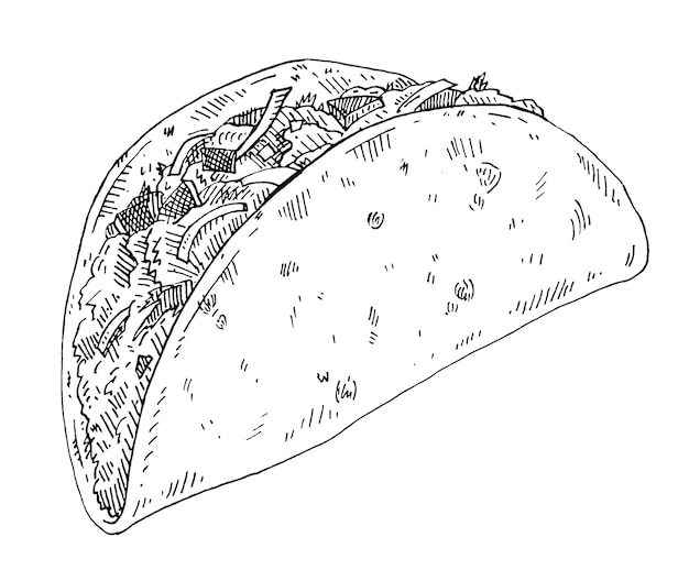 Taco. Mexican traditional food. Vintage monochrome vector black hatching illustration isolated on white background. Hand drawn design