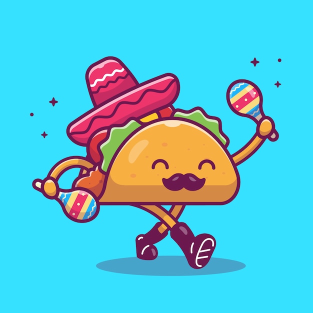 Illustrazione del fumetto della mascotte dei baffi di taco. simpatico personaggio di taco e maraca. concetto dell'alimento isolato