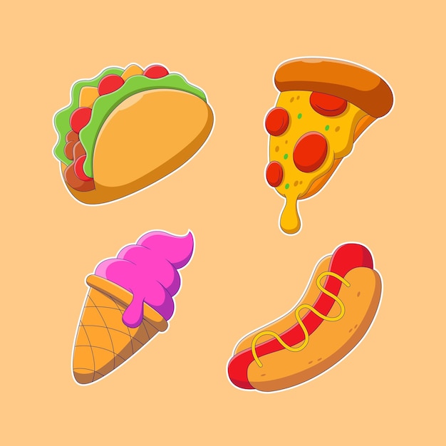 Taco, pizza, ijs, hotdog cartoon stickercollectie