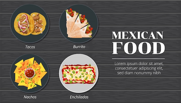 Taco's, nacho's, burrito, enchiladas Mexicaans eten vector set grafische verzameling