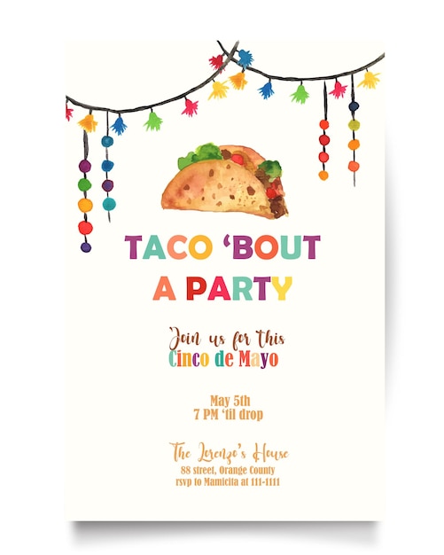 Taco and tassel cinco de mayo fiesta party invitation watercolor banner