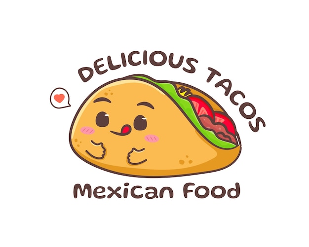 Taco with meat and vegetable. Traditional Latin American Mexican fast-food. Tacos logo icon sticker.