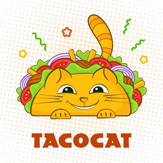 Tacocat gelukkig karakter Mexicaanse fastfood taco symbool vector illustratie glimlach kat mascotte met smakelijke