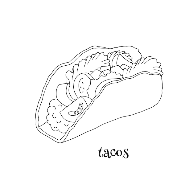 Tacos black and white design isolated on white background. Hand drawn element