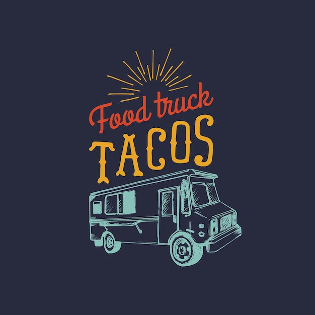 Logo tacos hot and tasty icona del camion di cibo messicano vintage vettoriale illustrazione di un'auto per snack da strada hipster disegnata a mano retrò