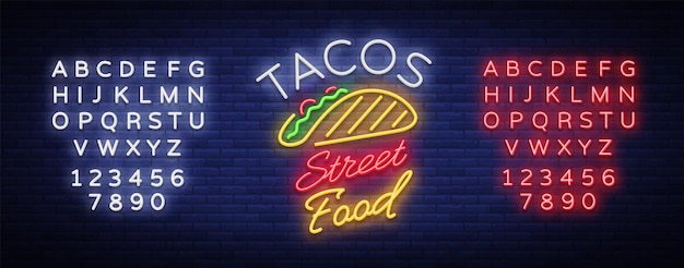 Tacos logo in neon style Neon sign bright billboard nightly advertising of Mexican food Taco