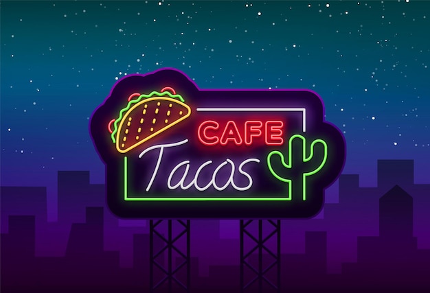 네온 스타일의 타코 로고 네온 사인 기호 멕시코 음식 타코의 밝은 광고판 야간 광고