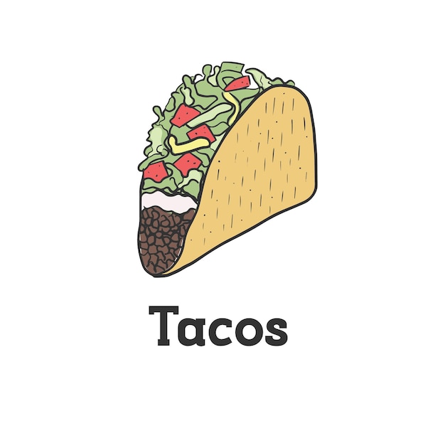 Vector tacos mexicaanse voedsel handgetekende stijl postkaart logo illustratie op een geïsoleerde achtergrond