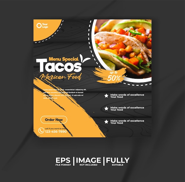 Vettore tacos modello di menu di cibo messicano con sfondo modello di cibo