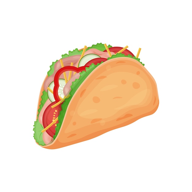 Tacos Mouthwatering taco dish of Mexican cuisine Tacos with meat and vegetables Vector illustration isolated on a white background