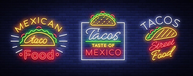 Tacos set di loghi in stile neon collezione di insegne al neon simboli cartellone luminoso pubblicità notturna