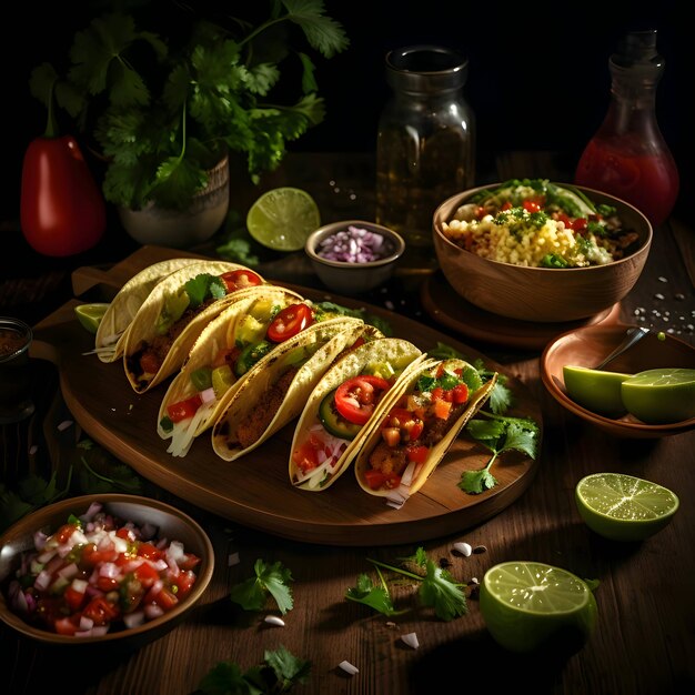 Tacos spices and lemons on a cutting kitchen wooden board