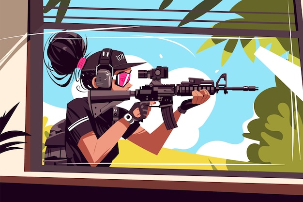 tactical female with rifle aiming from window security concept flat vector illustration