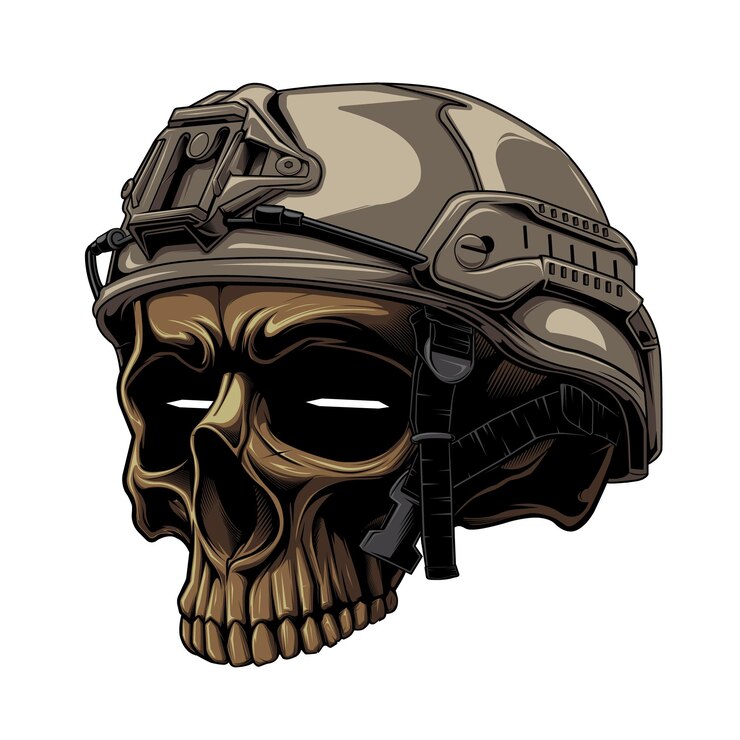 tactical warrior skull and military helmet in white begrouynd