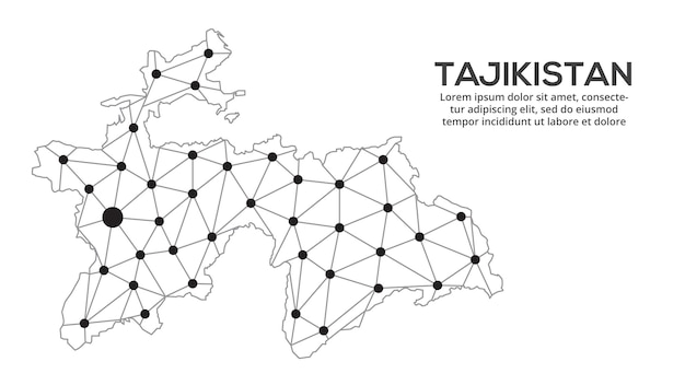 Tadzjikistan communicatie netwerkkaart Vector afbeelding van een laag poly globale kaart met stadslichten Kaart in de vorm van lijnen en punten