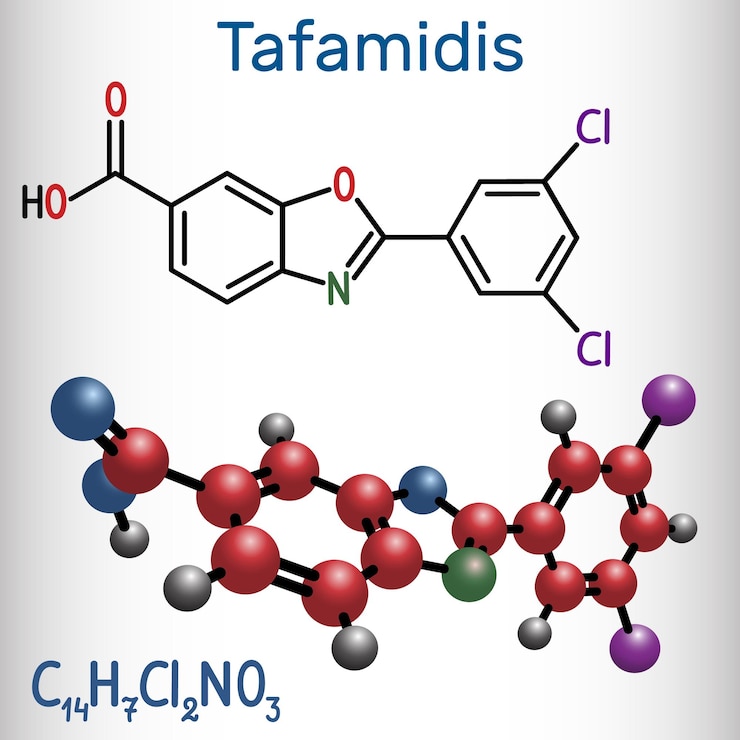 Vector tafamidis molecule structural chemical formula and molecule model