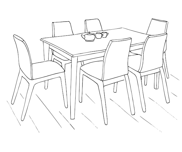 Tafel en stoelen. Op de tafel staan twee kopjes. Hand getrokken schets.Vector illustratie.