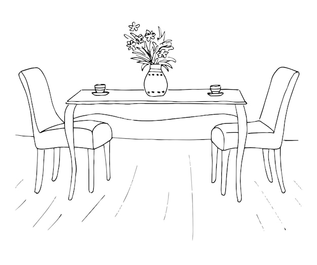 Tafel en twee stoelen. Op tafel staan twee kopjes en een vaas met bloemen. Vector illustratie. Hand getekend.