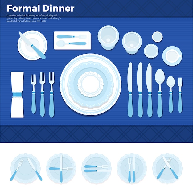 Vector tafel geserveerd met keukengerei voor formeel bord met vorken, lepels en messen op blauwe doek